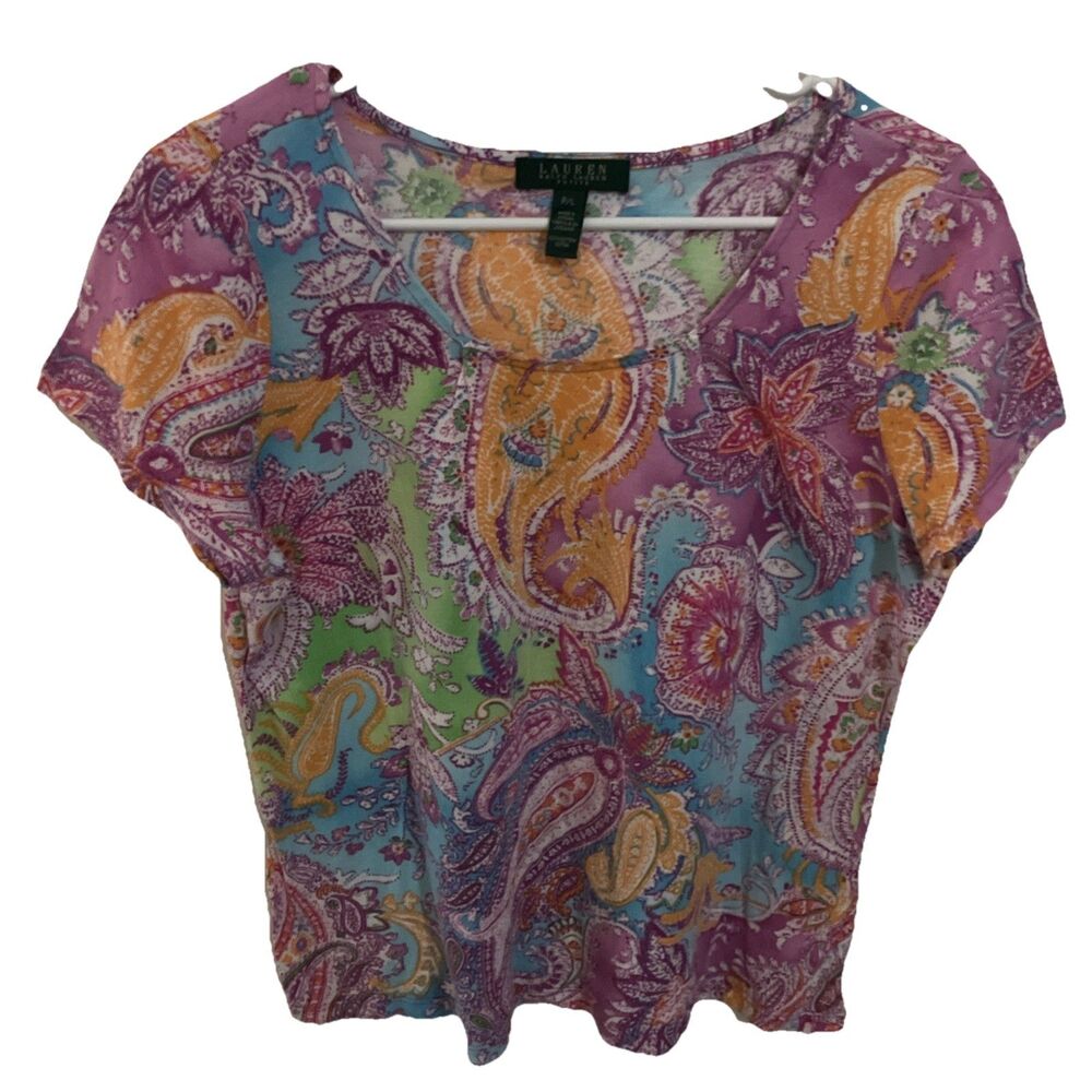 Lauren Ralph Lauren top blouse L Petite Pink Multicolor Floral 100% Cotton Boho